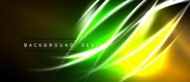 Parlak soyut çizgiler dinamik enerji yaratır. Canlı yeşil, sarı renkler koyu arkaplana hakim. Modern tasarım ögesi.