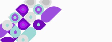 Soyut tasarım, tekrarlayan harf formları, mor, deniz mavisi renkleri içerir. Geniş beyaz alanı olan minimalist kompozisyon. Modern estetik.