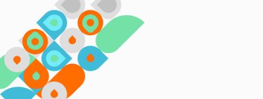 Soyut geometrik şekiller, daireler, kareler, dikdörtgenler. Turuncu, deniz mavisi, nane renkleri kompozisyona hakim. Minimalist tasarım, temiz estetik.