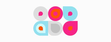 Renkli daireler, kareler, dikdörtgenler soyut desenler oluştururlar. Pastel renkte basit bir tasarım, temiz estetik. Minimalist kompozisyon.