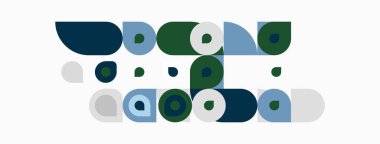 Soyut geometrik şekiller, daireler, yarım daireler, sessiz renkler. Minimalist tasarım, modern estetik, düz çizim. Temiz bileşim.