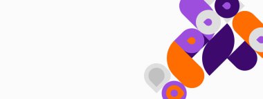 Soyut şekiller, daireler, turuncu, mor renkler beyaz arkaplana hakim. Minimalist tasarım, modern estetik, basit kompozisyon.