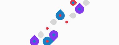 Beyaz arkaplana dağılmış soyut renkli şekiller. Minimalist tasarım, basit formlar, modern estetik. Noktalar, kabarcıklar, mor renkler hakim.