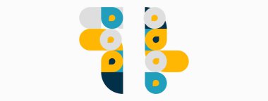 Soyut geometrik şekiller, daireler, dikdörtgenler, üst üste binen şekiller. Modern tasarım, parlak renkler, minimalist estetik. Temiz bileşim.