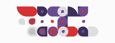 Soyut geometrik şekiller, daireler, dikdörtgenler, farklı renkler. Minimalist tasarım, neşeli kompozisyon, modern estetik.