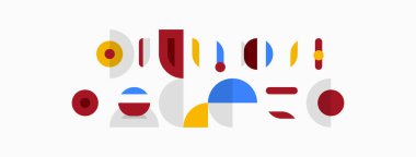 Soyut şekiller, canlı renkler, minimalist tasarım. Bileşik özellikler daireler, çizgiler, biçimler, şekillendirilmiş şekiller veya nesneler.