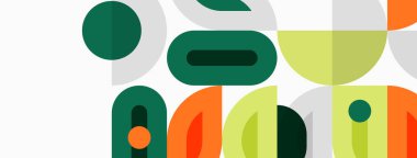 Soyut geometrik şekiller çakışıyor. Yeşil, turuncu, sarı renkler kompozisyona hakim. Minimalist tasarım, modern estetik. Temiz çizgiler, basit formlar..