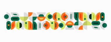 Soyut geometrik desen. Şekiller daireler, kareler, dikdörtgenler içerir. Renkler yeşil, turuncu, kahverengi, deniz mavisi. Minimalist tasarım.