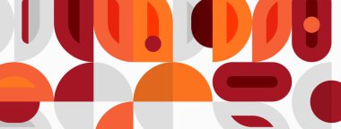 Soyut geometrik desen. Üst üste binen şekiller orta çağ modern estetiği yaratır. Sıcak renkler tasarıma hakim, görsel ilgi sunuyor.