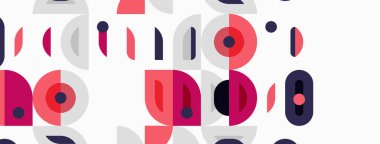 Soyut desenler üst üste binen daireler, ovaller, noktalar. Pembe, mor renkler beyaz arkaplana hakim. Modern tasarım ögesi.