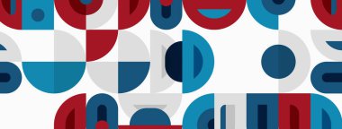 Geometrik desen renkli yarı daireler ve daireler içerir. Kırmızı, mavi, gri renkler neşeli, modern estetik yaratıyor. Basit şekiller sorunsuzca tekrarlanır.