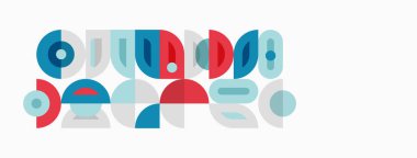 Soyut geometrik şekiller çakışıyor, renkli görsel desenler oluşturuyor. Çemberler, kareler, kavisler dinamik bileşim oluşturur. Modern tasarım estetik.