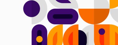 Soyut geometrik şekiller, mor, turuncu renkler kompozisyona hakim. Minimalist tasarım, oyuncu biçimler modern estetik yaratıyor.