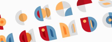 Soyut geometrik şekiller bej arka planda tekrar eder. Çemberler, kavisler, segmentler eğlenceli desenler oluşturur. Minimalist tasarım, sessiz renkler.