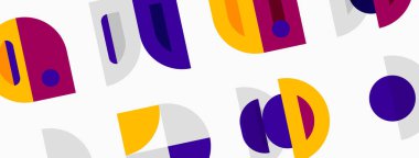 Soyut geometrik şekiller çakışıyor, renkli desenler yaratıyor. Mor, sarı, morumsu beyaz arkaplan. Modern tasarım elemanları.