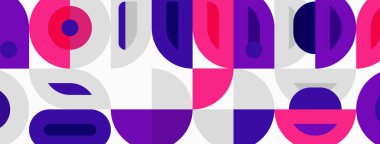 Soyut geometrik desen. Tekrarlayan şekiller modern tasarım yaratır. Mor, pembe renkler beyaz arkaplana hakim. Minimalist estetik.
