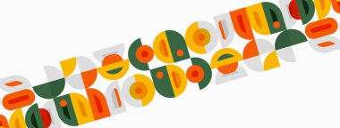 Soyut geometrik şekiller köşegen olarak tekrarlanır. Renkler arasında yeşil, turuncu, kahverengi, sarı, siyah yer alıyor. Minimalist tasarım, modern estetik.