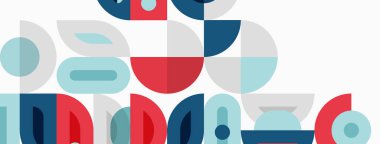 Soyut geometrik şekiller örtüşür, renkli kompozisyon oluşturur. Maviler, kırmızılar, griler dizaynın hakimi. Modern estetik.