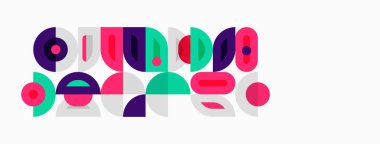 Soyut geometrik şekiller, canlı renkler, oyuncu tasarım. Daireler, kareler, dikdörtgenler dinamik bileşim oluşturur. Modern estetik.