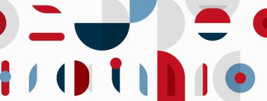 Soyut geometrik şekiller kelime stüdyosunu oluşturur. Kırmızı, mavi, gri renkler tasarıma hakim. Minimalist estetik, modern tarz.