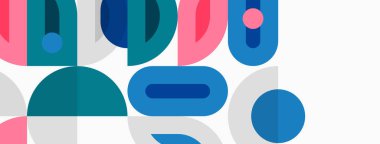 Soyut geometrik şekiller çakışıyor, renkli desenler yaratıyor. Yumuşak pembeler, maviler, griler kompozisyona hakim. Modern tasarım elemanları.