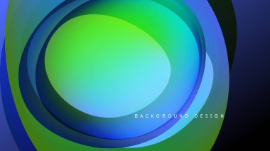 Soyut katmanlar canlı dairesel tasarım yaratır. Mavi, yeşil renkler koyu arkaplana karışıyor. Modern estetik, pürüzsüz eğimler sunar.