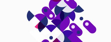 Soyut geometrik şekiller, mor renkler, üst üste binen formlar dinamik bileşim oluşturur. Minimalist tasarım, modern estetik, mevcut temiz çizgiler.