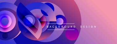 Soyut dinamik kompozisyon. Üst üste binen daireler, mor, mavi ve pembe renkler oluşturur. Modern tasarım ögesi.