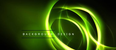 Koyu yeşil arka planda dönen neon çizgiler var. Soyut tasarım, enerjiyi, hareketi, modern estetiği çağrıştırıyor. Basit metin örtüsü mevcut.