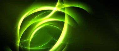 Parlak yeşil çizgiler kıvrılarak soyut enerji akışı yaratıyor. Koyu arkaplan parlak eğrileri vurgular, dinamik görsel etki oluşturur.