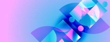 Soyut kompozisyon. Üst üste binen şekiller, canlı renkler, gradyanlar dinamik görsel efekt yaratır. Modern tasarım elemanları.