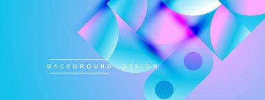 Soyut arkaplan parlak mavi, pembe, mor renkler içerir. Üst üste binen şekiller dinamik görsel efekt yaratır. Metin arkaplan tasarımı okur.