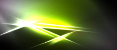 Koyu arkaplanda parlak bir ışık belirdi. Canlı yeşil, sarı renkler dinamik görsel efekt yaratır. Enerji merkezi noktadan yayılıyor.