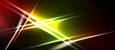 Soyut çizgiler kesişiyor, parlak ışık efektleri yaratıyor. Renkler karışımı, sarı, koyu yeşil arka plan. Dinamik enerji yayıyor.