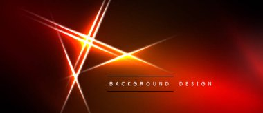 Koyu kırmızı zemin, dinamik soyut şekiller oluşturan parlak çizgileri temsil eder. Metin ışık kesişiminin altındaki arkaplan dizaynını okur.