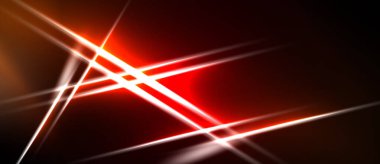 Soyut kırmızı çizgiler koyu arkaplan ile kesişir. Parlak çizgiler dinamik görsel efekt yaratır. Modern tasarım, enerji, güç.