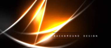 Soyut tasarım koyu arkaplan üzerinde parlak turuncu çizgiler içerir. Dinamik eğriler modern görsel efektler yaratır. Basit metin arkaplan tasarımı okur.