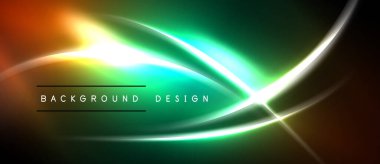 Soyut neon hatları enerjik enerji yaratır. Yeşil, turuncu renkler koyu arkaplan ile harmanlanır. Modern tasarım ögesi.