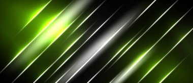 Soyut tasarım parlak yeşil çizgiler ve siyah arkaplana karşı gümüş çizgiler içerir. Çapraz çizgiler dinamik görsel efekt yaratır. Modern, gösterişli estetik..