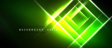 Parlak neon çizgileri kesişiyor, geometrik desenler oluşturuyor. Parlak yeşil, koyu arkaplana hükmediyor. Metin arkaplan tasarımı okur.