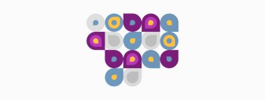 Soyut geometrik desen. Çemberler, kareler, dikdörtgenler renk bileşimi oluşturur. Minimalist tasarım, modern estetik.