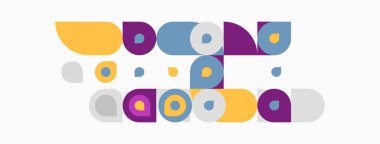 Soyut geometrik şekiller, daireler, kareler, sessiz renkler. Kompozisyon, eğlenceli tasarım ve modern estetik öneriyor. Minimalist stil.