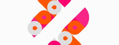 Soyut geometrik şekiller, pembe, turuncu renkler kompozisyona hakim. Üst üste binen daireler dinamik görsel efekt yaratır. Minimalist tasarım.