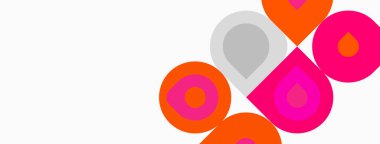 Soyut şekiller, daireler, damlalar, canlı renkler. Minimalist tasarım, modern estetik, temiz kompozisyon, basit formlar. Parlak renkler beyaz arkaplana hakim.