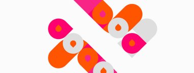 Soyut tasarım tekrarlayan hap şekilleri içerir. Turuncu, pembe, beyaz renkler dinamik görsel desen oluşturur. Basit geometri kompozisyona hakim olur.