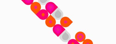 Soyut daireler, pembe, turuncu renkler kompozisyona hakim. Çapraz düzenleme dinamik görsel akış yaratır. Basit şekiller, temiz tasarım.