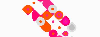 Soyut geometrik şekiller, turuncu, pembe, beyaz. Çemberler, kareler dinamik bileşim oluşturur. Minimalist tasarım, modern estetik.