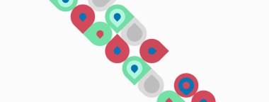 Renkli şekiller beyaz arkaplanda çapraz olarak tekrarlanıyor. Çemberler, ovaller, üçgenler eğlenceli desenler oluşturur. Basit tasarım, modern estetik..