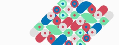 Soyut geometrik desen. Renkli yuvarlak şekiller örtüşür, dinamik görsel doku yaratır. Basit tasarım, modern estetik..