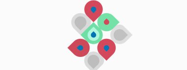 Soyut grafik tasarımı simetrik olarak sıralanmış renkli damlacık şekilleri içerir. Minimalist tarz, temiz çizgiler, basit kompozisyon.